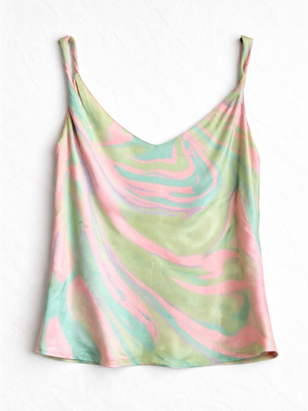 Pinko Talia satin draped back top green pink swirl cowl back camisole size S